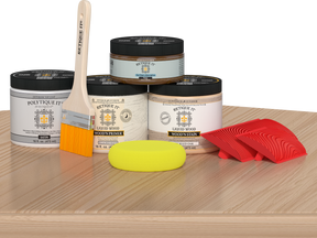 Retique It White Oak Wood'n Finish Front Door Kit stain set displayed on a table, showcasing wood finish options for front doors.