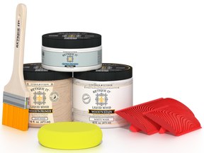 Retique It® Fireplace Wood'n Finish Kit in White Wash stain, full fireplace project with wood finish and staining tools.