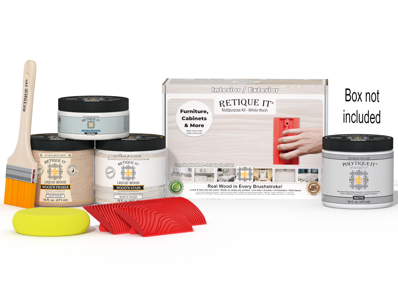 Retique It® Wood'n Finish Kit in white wash for exterior wood projects, includes top coat and application tools in a portable box.