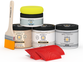 Retique It® Wood'n Finish Kit in White Wash, medium size, with exterior top coat for wood projects, shown in a colorful plate.