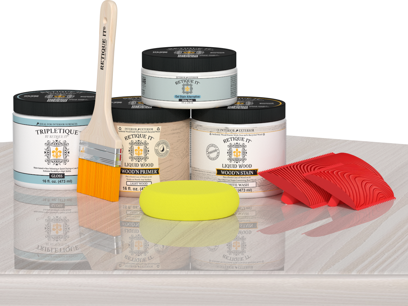 Retique It® white wash countertop kit for kitchen island, featuring stain application on a wooden surface.