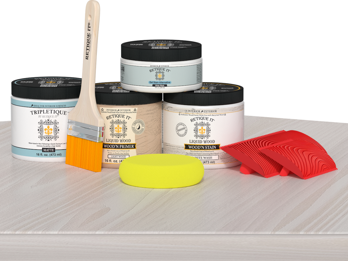 Retique It® Wood'n Finish Kit in White Wash for interior use, featuring a multi-purpose wood top coat on a tabletop.