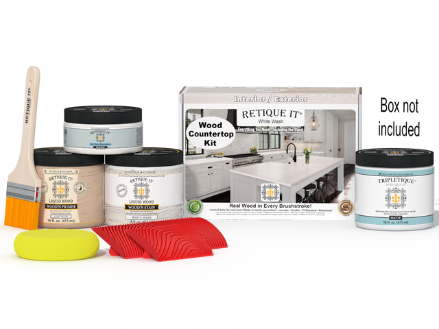 Retique It white wash countertop kit for kitchen island with stain application, showing the finished wood surface and packaging.