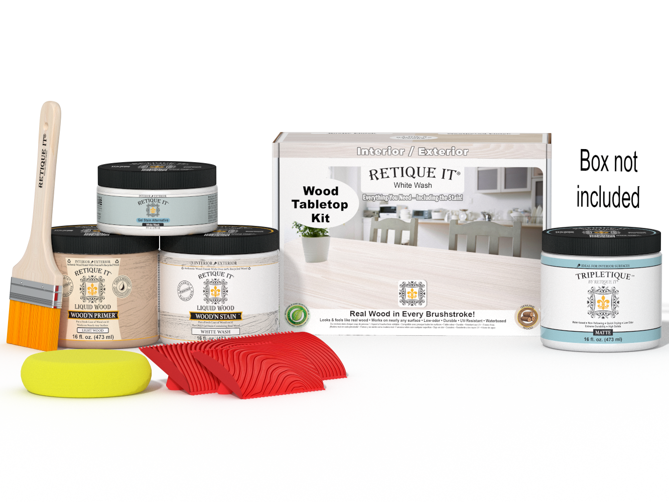 Retique It® Wood'n Finish Kit Double Size in White Wash stain, featuring applicator brush and wood sample for tabletop finishing.