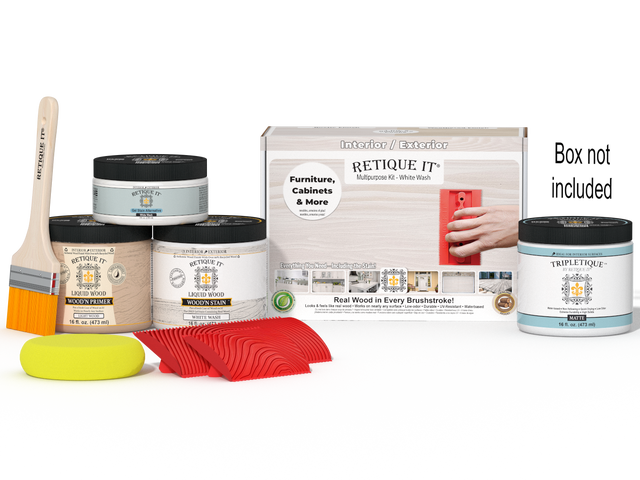 Retique It Wood'n Finish Kit in White Wash for interior furniture, includes top coat and application tools.