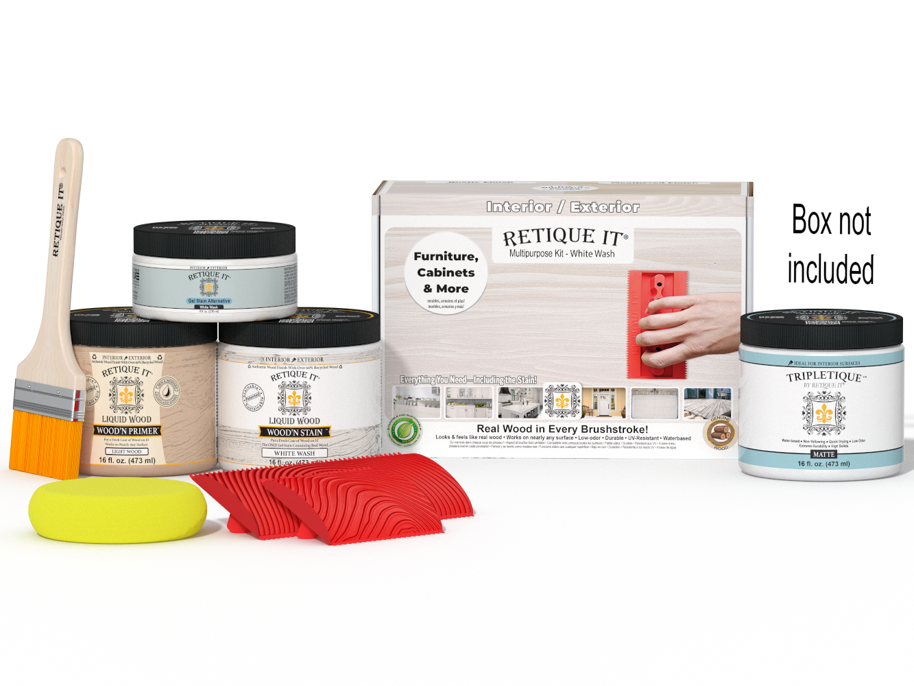 Retique It® Wood'n Kit (Med) in White Wash finish, interior top coat for wood furniture and surfaces, with applicator brush and supplies.