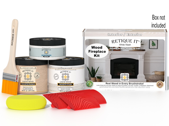 Retique It Fireplace Wood'n Finish Kit in White Wash stain, showing the full fireplace with natural wood finish and white wash details.