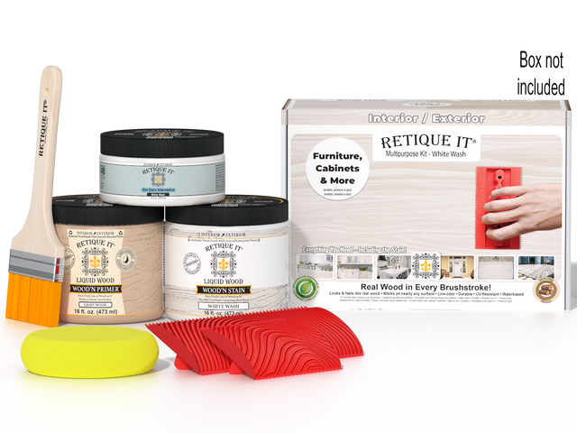 Retique It Wood'n Finish Kit in White Wash for multi-purpose wood finishing, includes brushes and tools in a compact box.