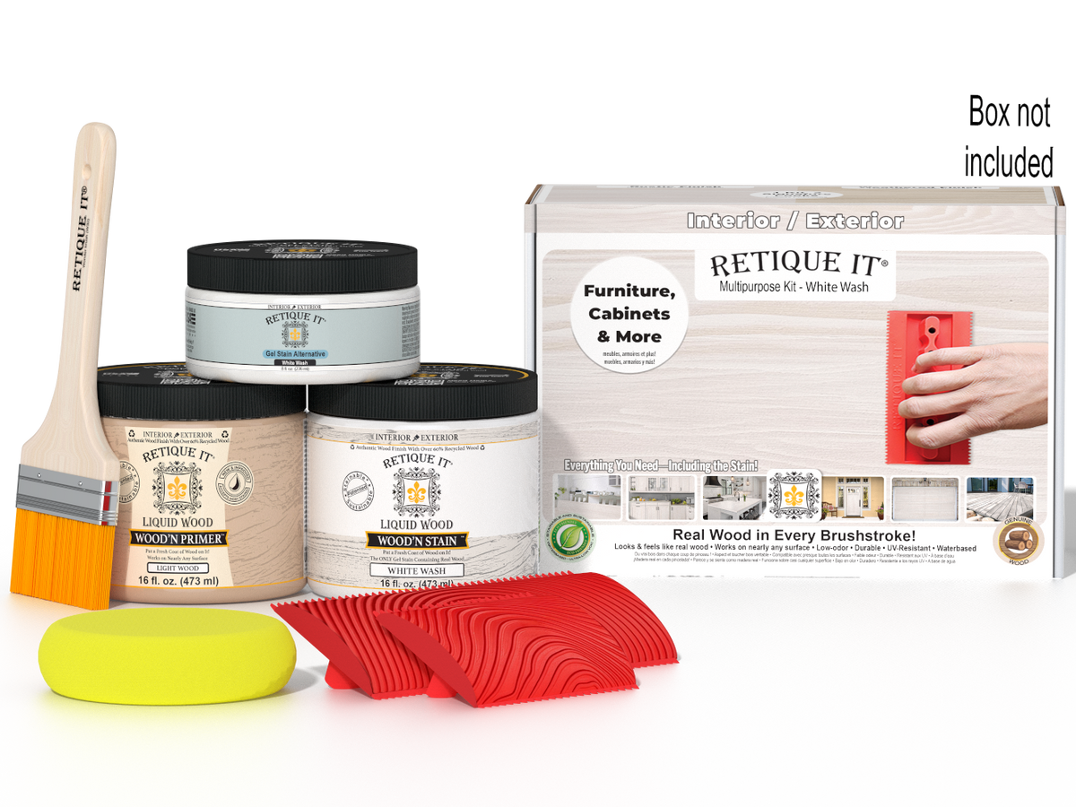Retique It® Wood'n Finish Kit in White Wash, medium-sized multi-purpose kit for wood finishing projects, includes applicator tools.
