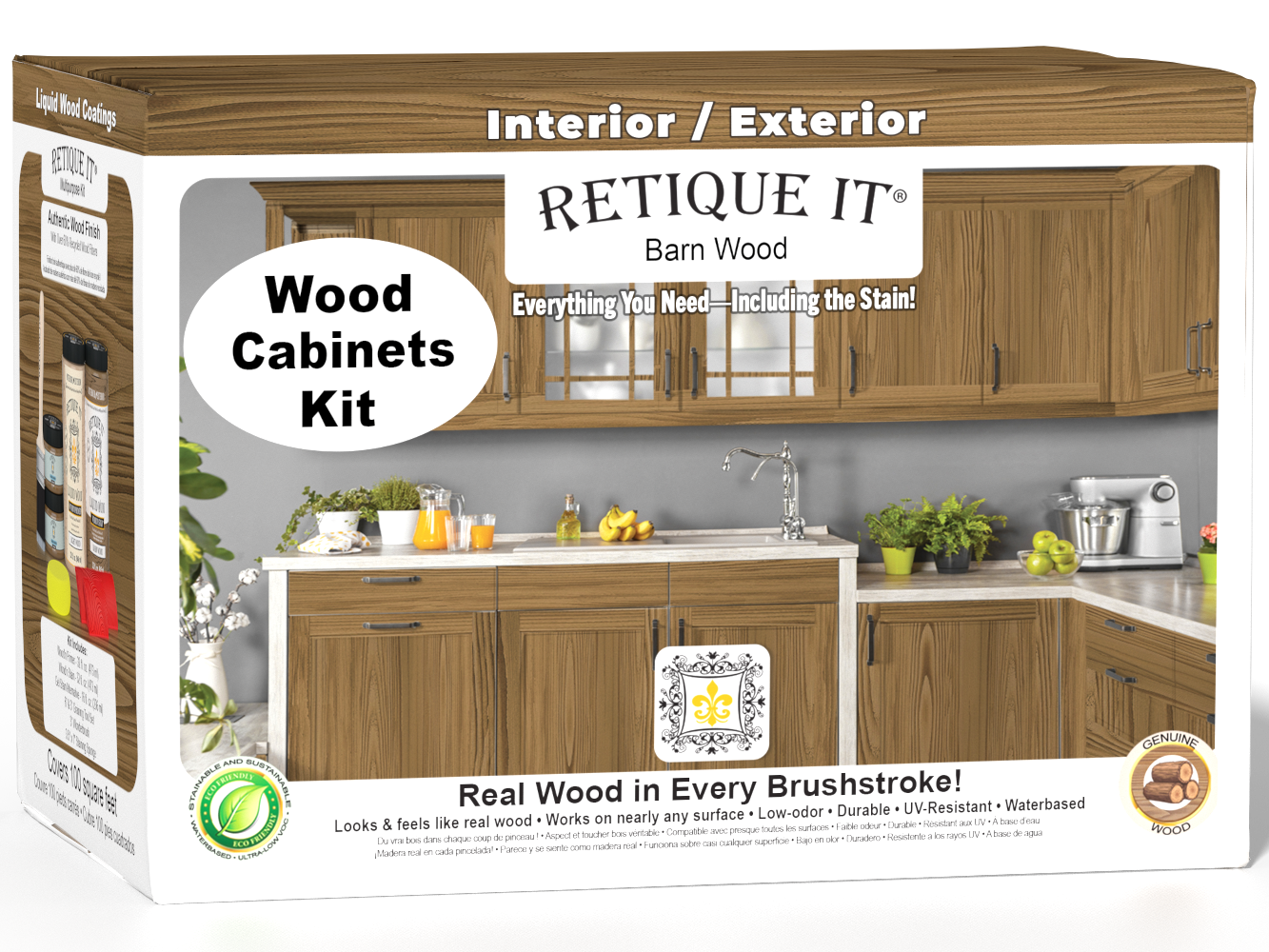 Retique It® Wood'n Cabinet Kit with 12 barn wood grain stained cabinet doors, ideal for a rustic kitchen or bathroom renovation.