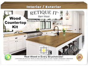 Retique It® barn wood stained countertop kit for full kitchen renovation, featuring natural wood grain and rustic finish.