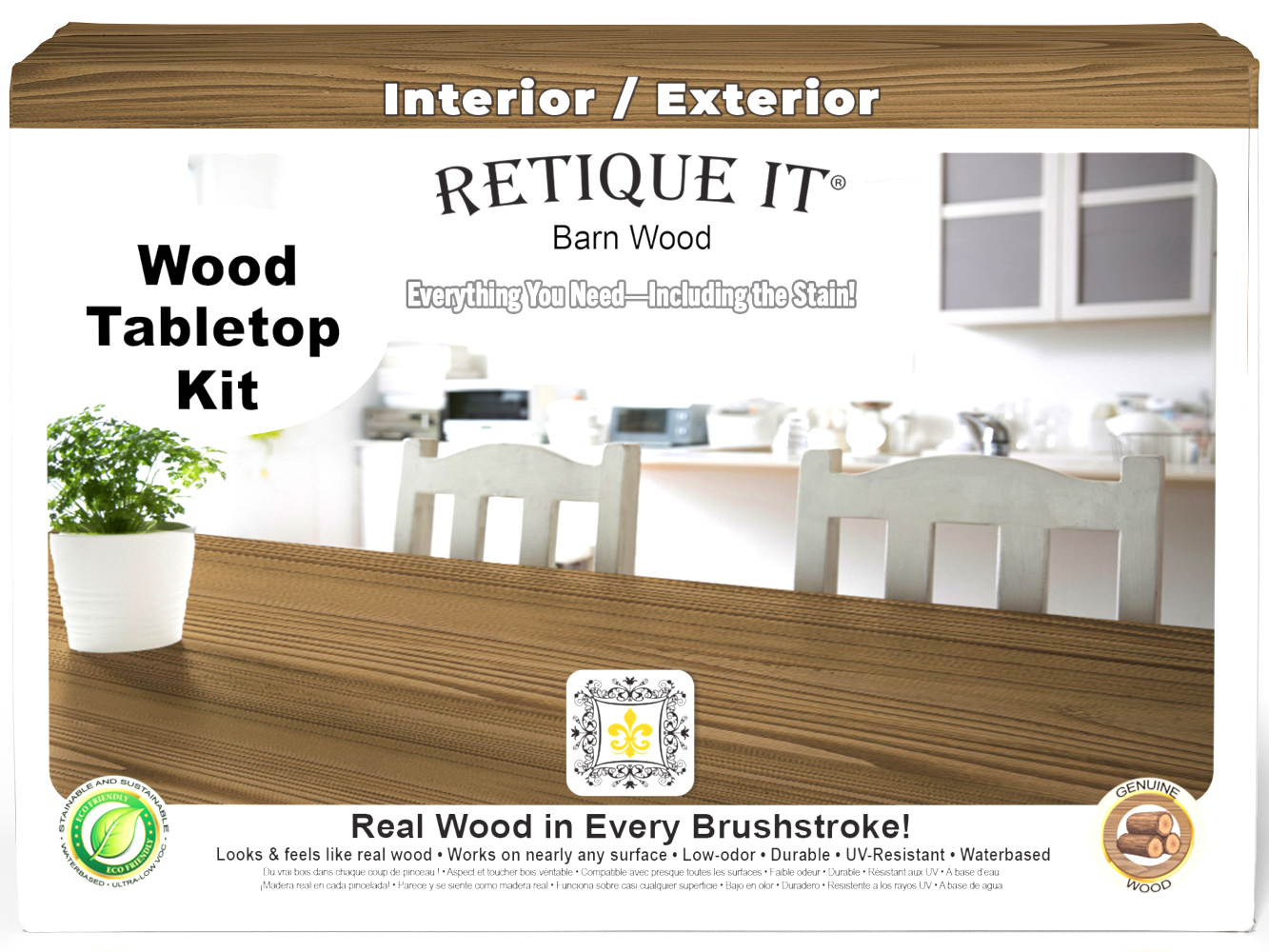 Retique It® Wood'n Finish Kit with four large bottles of barn wood stain for tabletops, showing the stained wood surface.