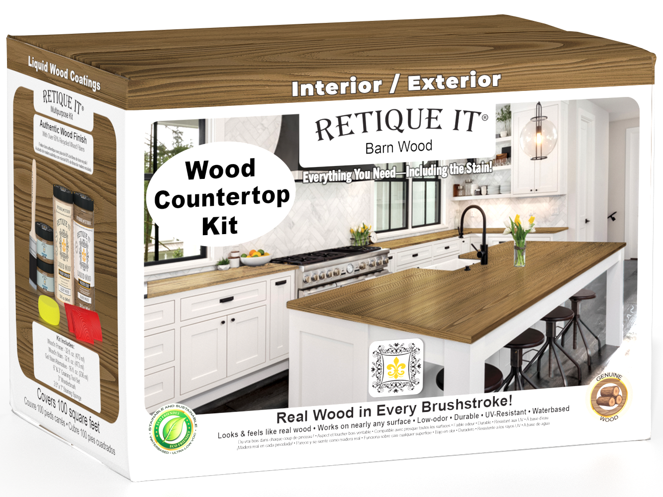 Retique It® barn wood stain countertop kit for full kitchen installation, showcasing a rustic, weathered wood finish on a kitchen surface.