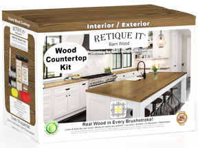Retique It® barn wood stain countertop kit for full kitchen installation, showcasing a rustic, weathered wood finish on a kitchen surface.