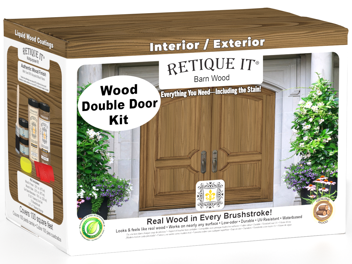Retique It Wood'n Finish double barn wood front door kit with stain, showcasing rustic wood texture and natural finish.