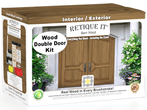 Retique It Wood'n Finish double barn wood front door kit with stain, showcasing rustic wood texture and natural finish.