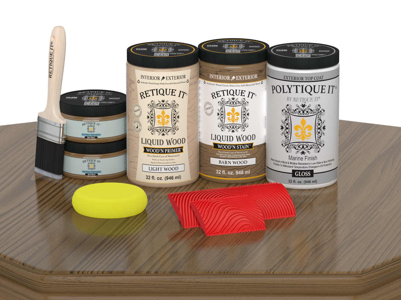 Large Barn Wood Wood'n Finish Kit by Retique It with glossy exterior topcoat, includes wood stain and finishing supplies.