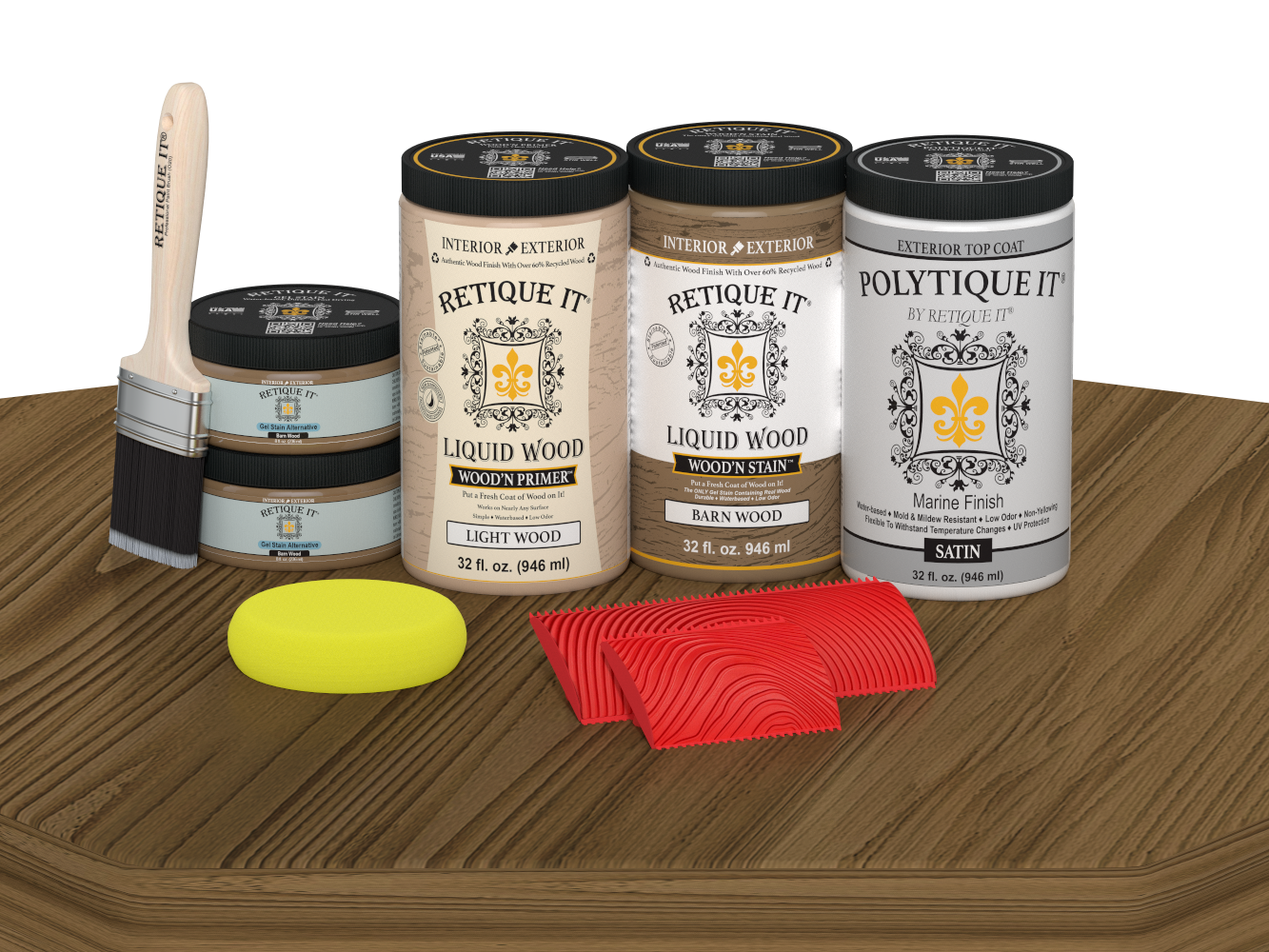 Retique It Wood'n Finish front door kit in barn wood stain, satin finish, featuring double door panels and wood grain details.