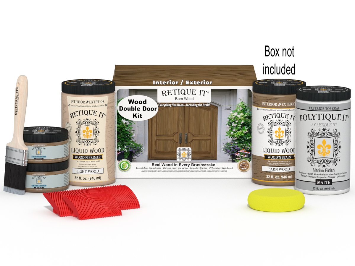 Retique It Wood'n Finish front door kit in barn wood stain for double doors, including stain and finishing materials.