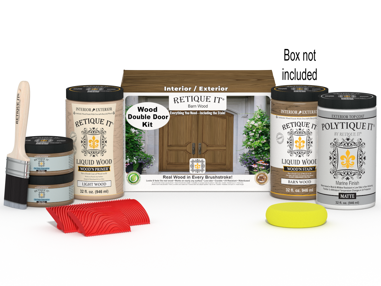 Retique It Wood'n Finish front door kit in barn wood stain for double doors, including stain and finishing materials.