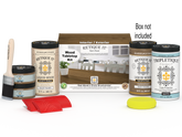 Retique It® Wood'n Finish Kit with four large stains in barn wood color, featuring stain bottles and finishing tools on a tabletop.