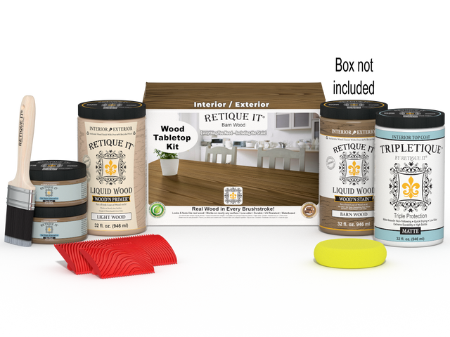 Retique It Wood'n Finish Kit for tabletops, includes four large barn wood stain bottles with application tools and instructions.