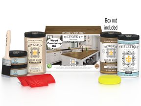 Retique It® barn wood countertop kit with stains, featuring a full kitchen setup showcasing natural wood finish and detailed surface.