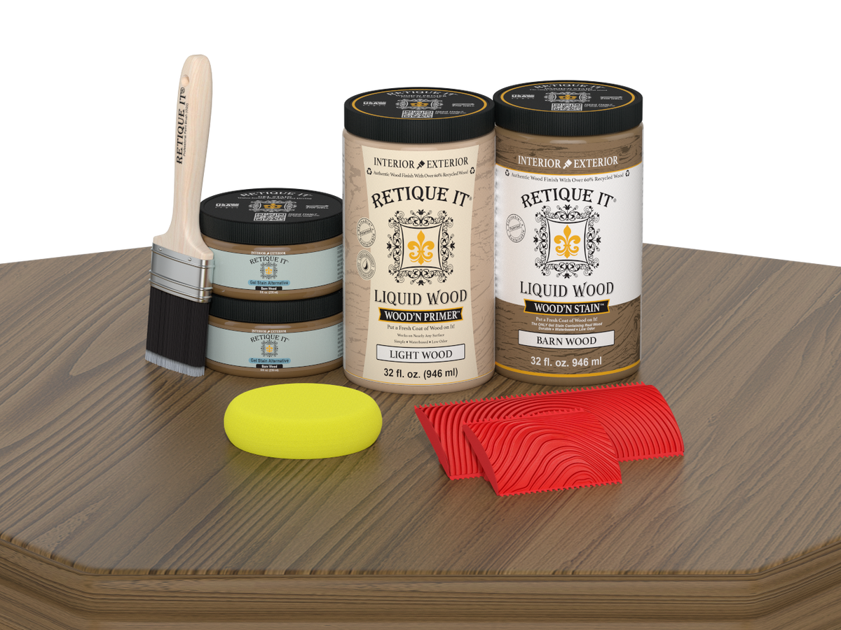 Retique It® Wood'n Finish Kit with four large barn wood stains, featuring wood grain patterns and finish applications.