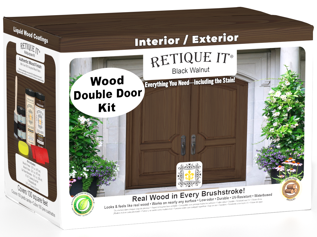 Double front door stained with black walnut wood finish, showcasing the Retique It® Wood'n Finish Front Door Kit in black walnut.