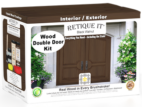 Double front door stained with black walnut wood finish, showcasing the Retique It® Wood'n Finish Front Door Kit in black walnut.