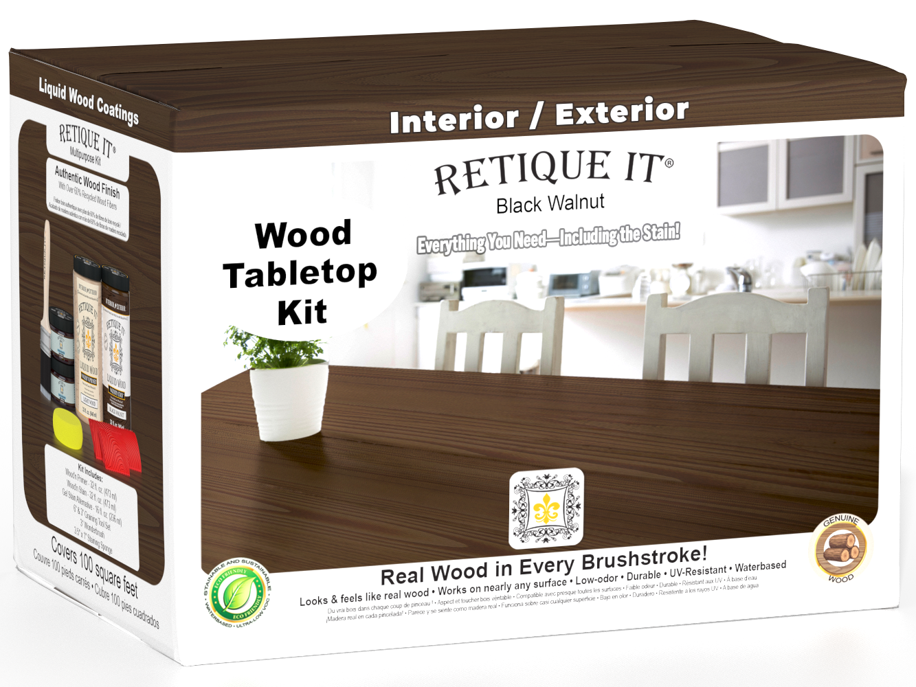 Retique It® Wood'n Finish Kit in black walnut stain, featuring four large bottles for tabletop wood finishing and staining.