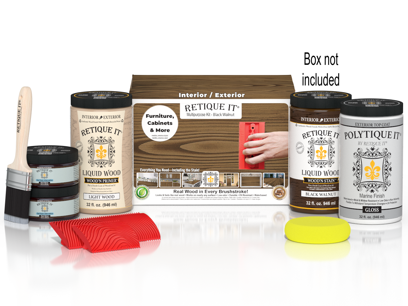 Large Black Walnut Wood'n Finish Kit by Retique It® with exterior top coat, includes wood finishing tools and supplies in a box.