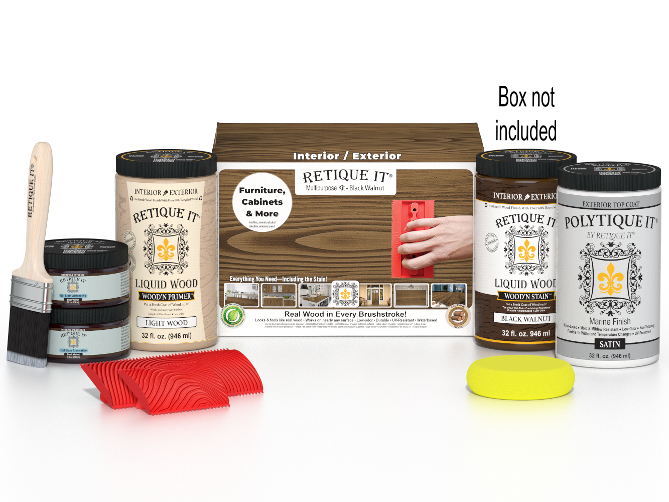 Large Black Walnut Wood'n Finish Kit by Retique It® with exterior top coat and application tools in a box.