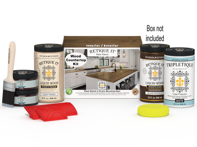 Black Walnut countertop kit from Retique It featuring stains for full kitchen countertop renovation, shown with a box and sample application.