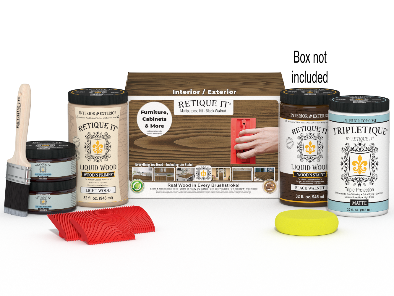 Large Black Walnut Wood'n Finish Kit by Retique It® for interior wood projects, includes top coat and application tools.
