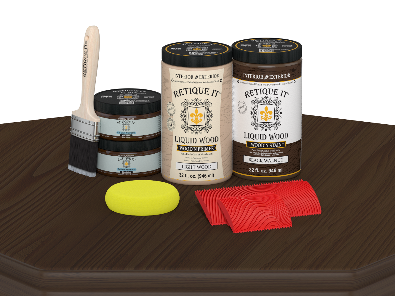 Retique It® Wood'n Finish Front Door Kit in Black Walnut stain, featuring a double door with a natural wood grain appearance.