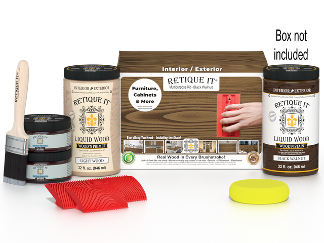 Large black walnut Wood'n Finish Kit by Retique It, multi-purpose Wood'n Kit with various wood finishing tools and products.