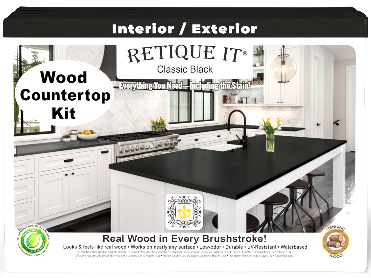 Retique It® full kitchen countertop kit in classic black stain, showing a sleek black countertop surface with a smooth finish.