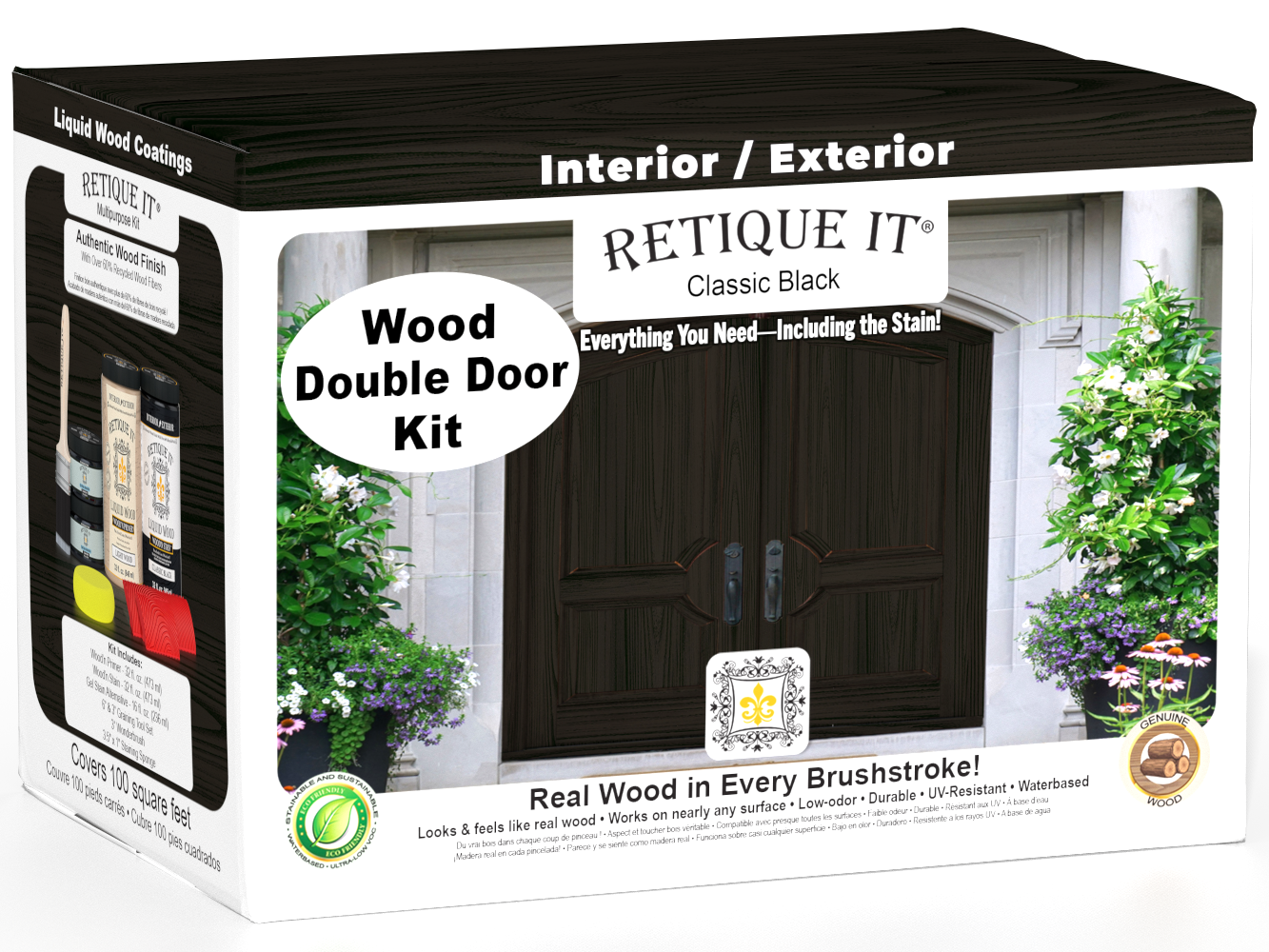 Double front door stained with black Retique It Wood'n Finish stain, showcasing a classic black finish on a wooden door.