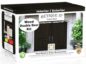 Double front door stained with black Retique It Wood'n Finish stain, showcasing a classic black finish on a wooden door.
