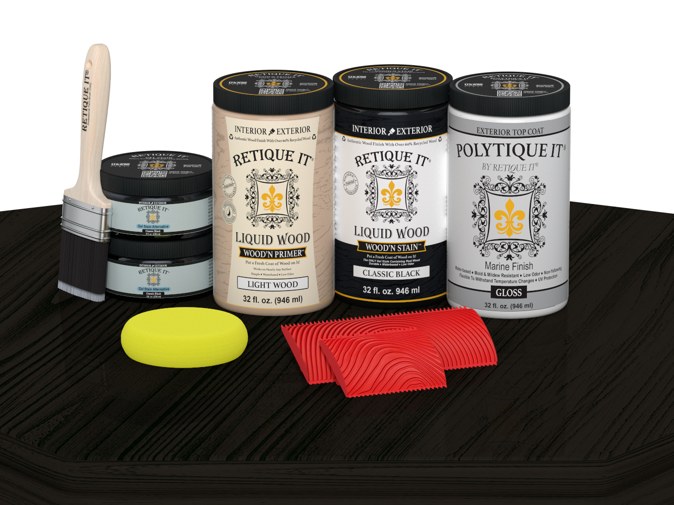 Retique It Wood'n Finish Double Front Door Kit in classic black stain with glossy finish, displayed on a table.