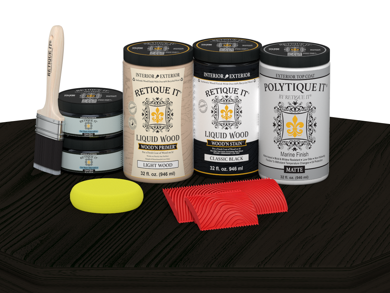 Retique It Wood'n Finish Double Front Door Kit in classic black stain with matte finish, displayed on a table.
