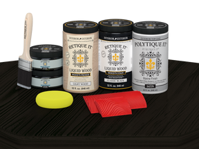 Retique It Wood'n Finish Front Door Kit in classic black stain, satin finish, for double front doors, shown on a table.