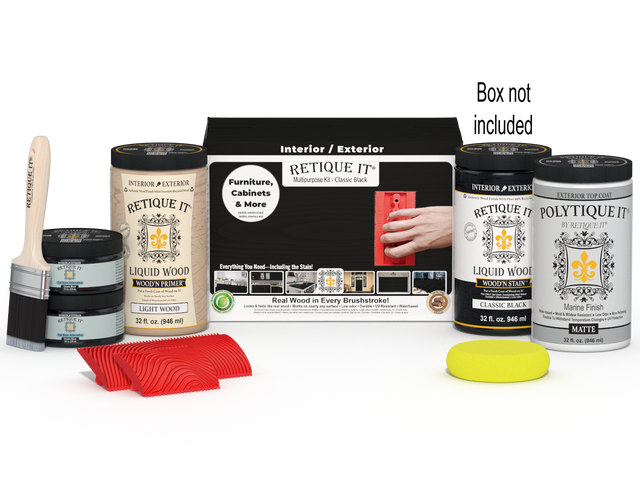 Large Black Wood'n Finish Kit by Retique It with exterior top coat, includes brushes and accessories for wood finishing projects.