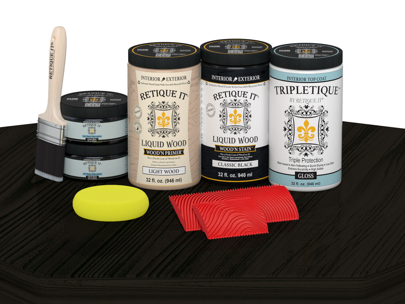 Retique It Wood'n Cabinet Kit with 12 grained black stained cabinet doors, glossy finish, displayed on a table.