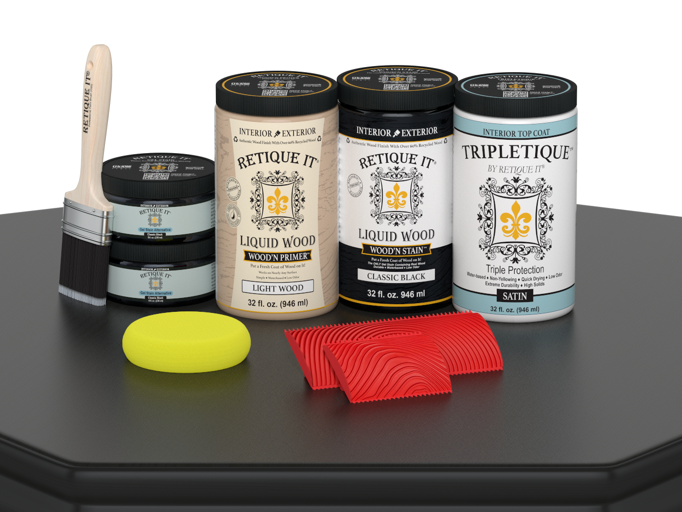 Large black Wood'n Finish Kit by Retique It® with satin interior top coat, includes tools and materials for wood finishing projects.