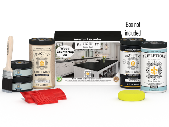 Retique It countertop kit in classic black with stain bottles and application tools for full kitchen renovation.