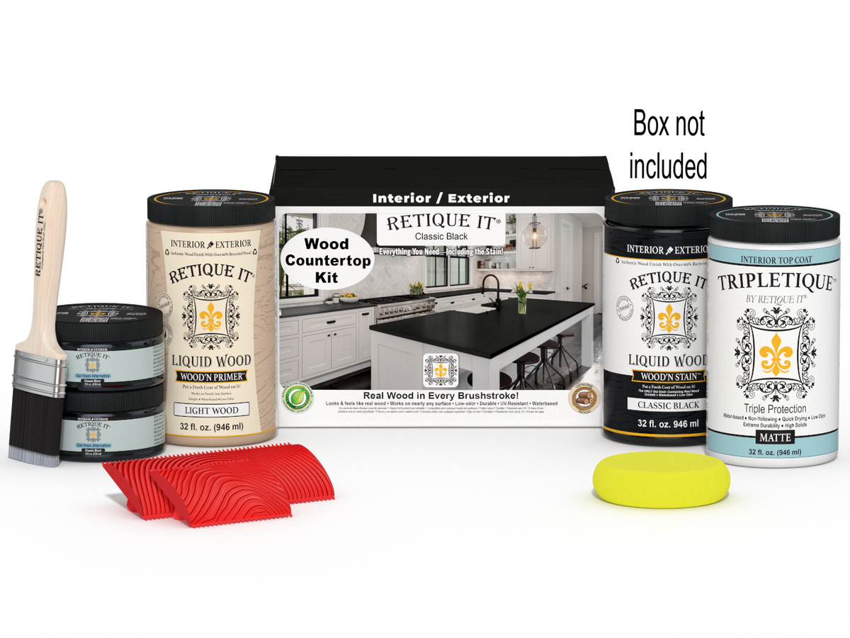 Retique It® Black countertop stain kit with a box, designed for full kitchen renovation, showcasing the stain application on a countertop.