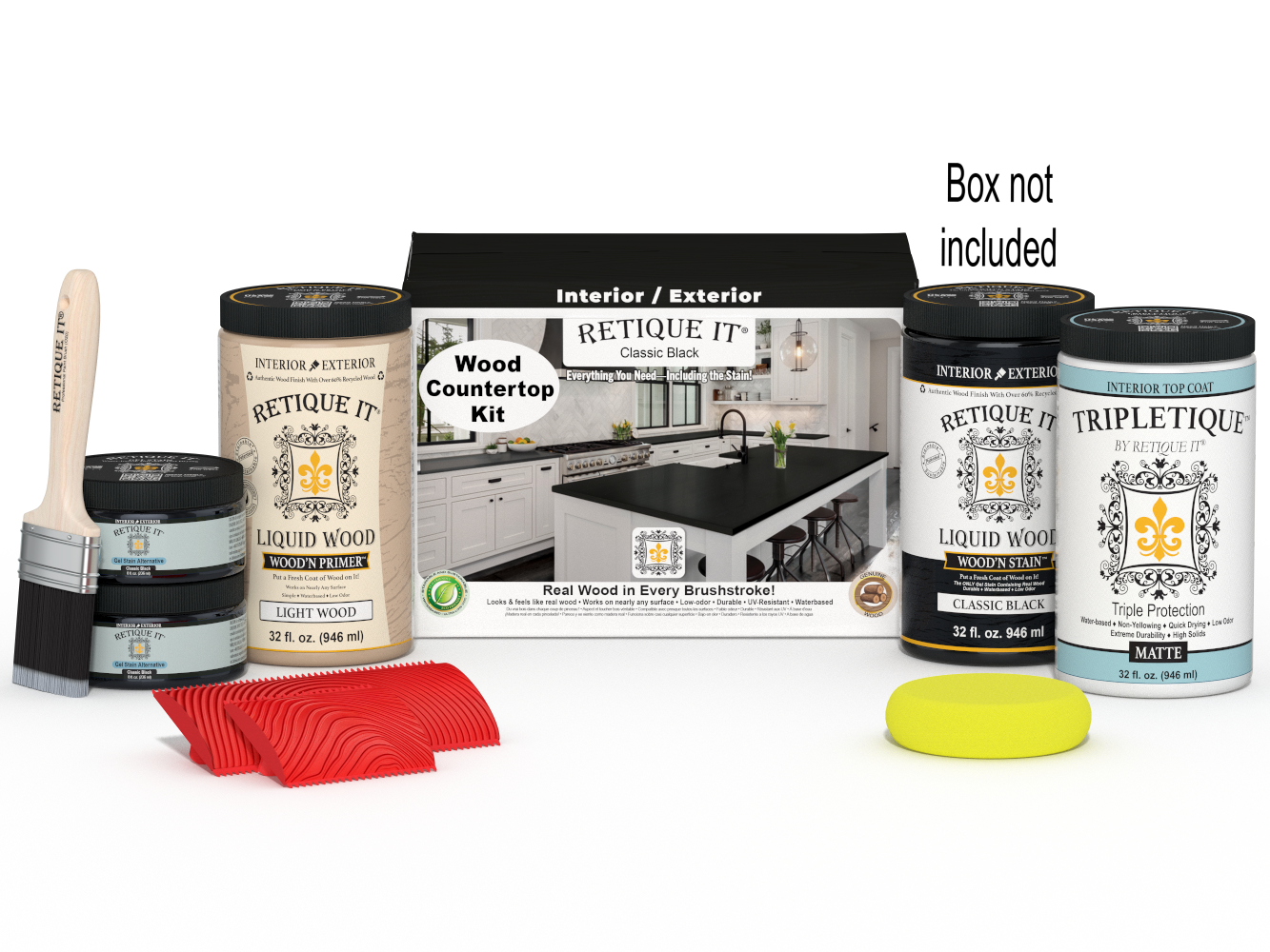 Retique It® Black countertop stain kit with a box, designed for full kitchen renovation, showcasing the stain application on a countertop.