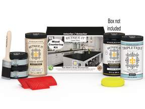 Retique It® Black countertop stain kit with a box, designed for full kitchen renovation, showcasing the stain application on a countertop.